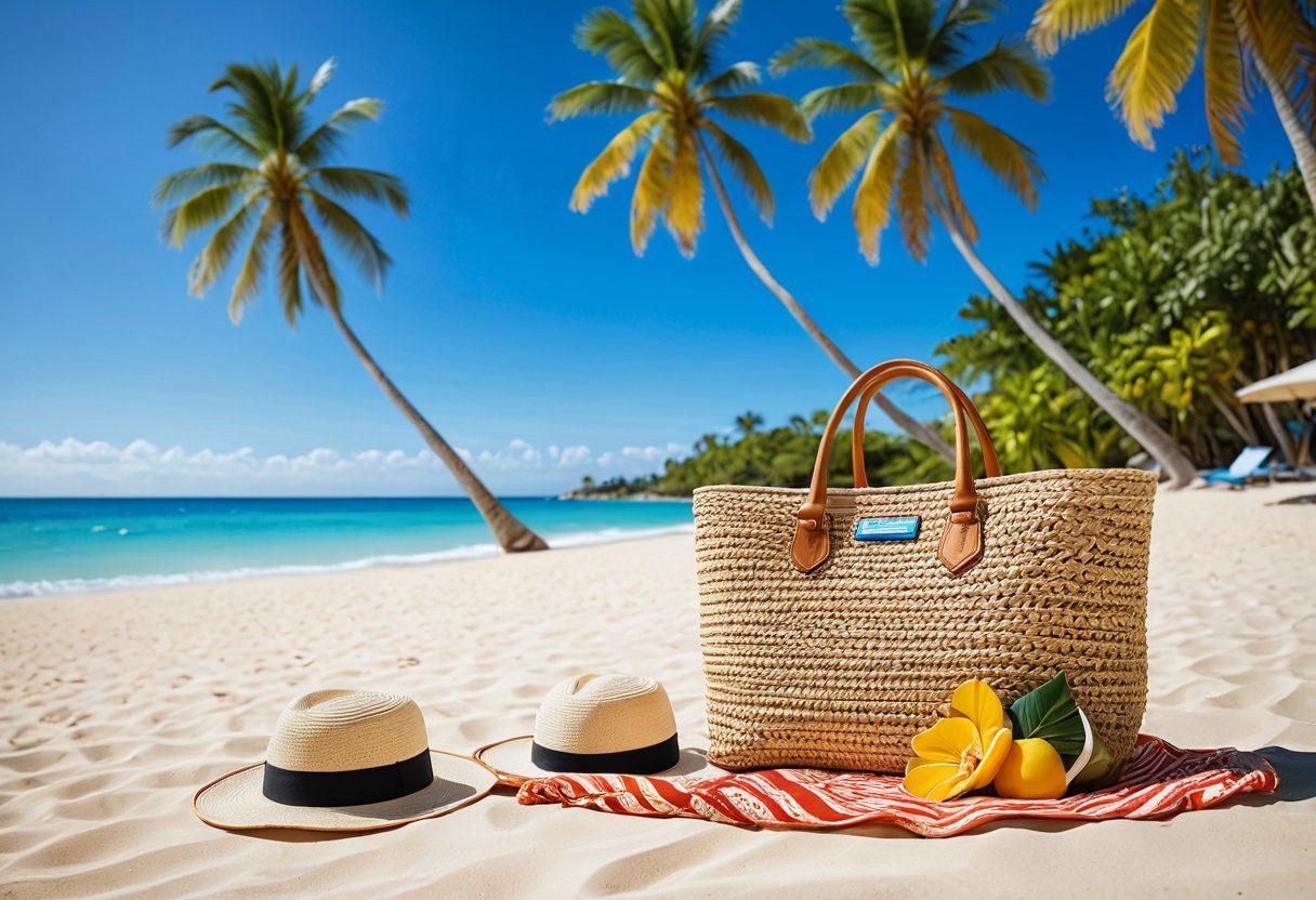 A fashionable travel scene featuring a stylish beach bag packed with vibrant swimwear, sunglasses, and a sun hat, set on a sandy beach with crystal-clear water in the background. Include palm trees and an inviting resort in soft focus to enhance the vacation vibe. Bright colors to evoke a sense of luxury and relaxation. super-realistic. vibrant colors.